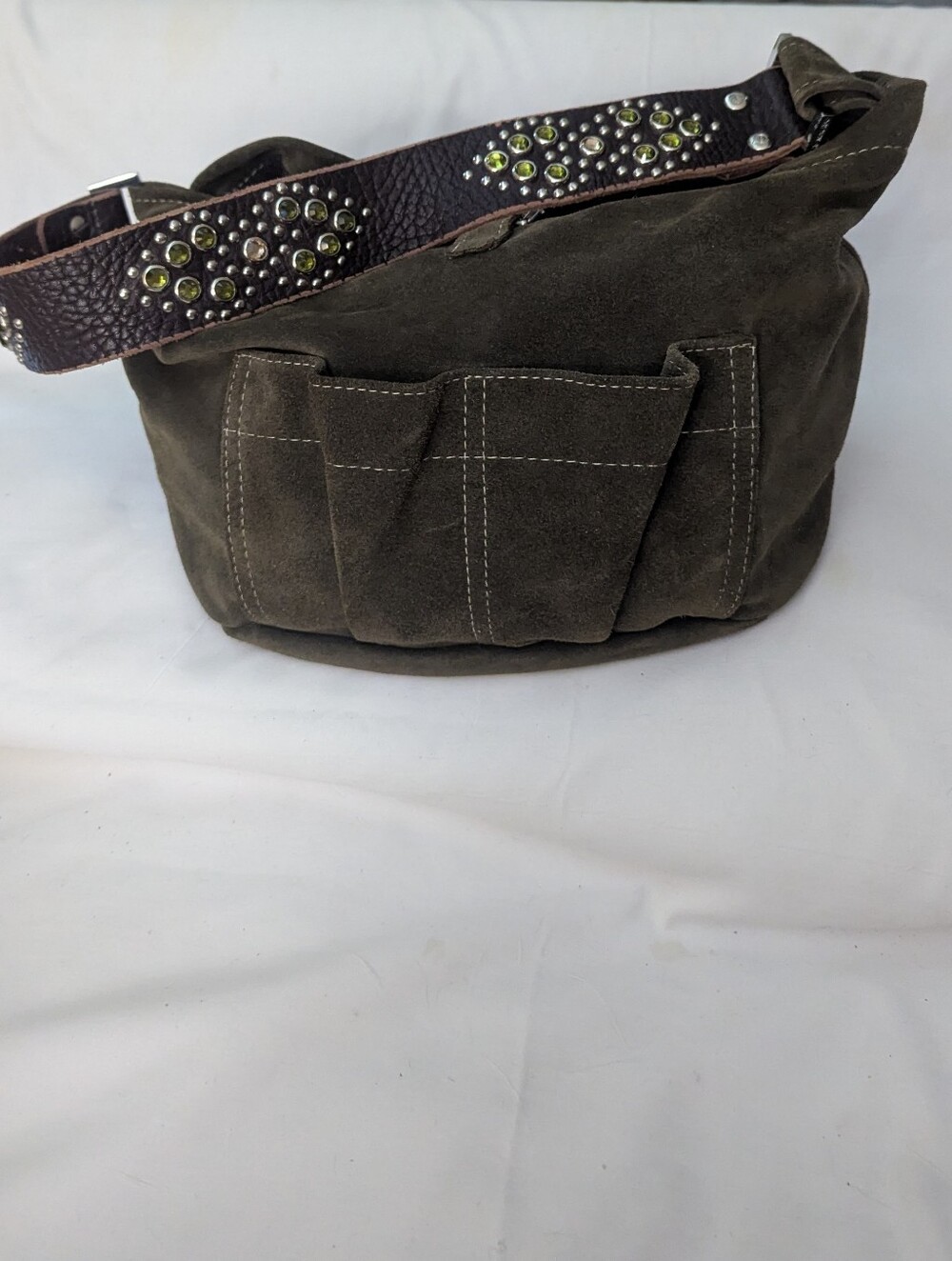 Tylie Malibu Olive Suede Studded  Gem Strap Shoulder Bag Y2K